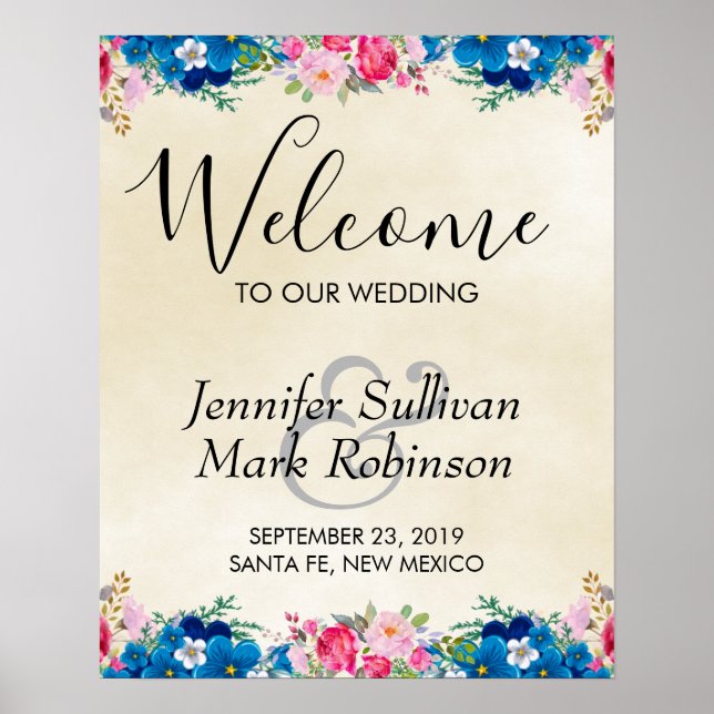 Welcome to our Wedding Pink & Blue Flowers Poster (Front)