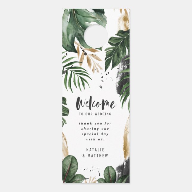 welcome to our wedding tropical modern foliage door hanger (Front)
