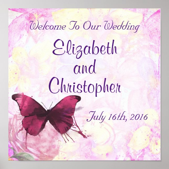 Welcome To Our Wedding Watercolor Butterfly Poster (Front)