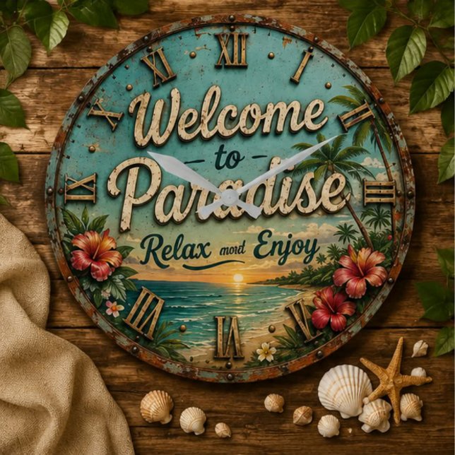 Welcome to Paradise Tropical Beach Large Clock (Creator Uploaded)