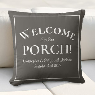 Welcome to Porch Custom Family Names Modern Brown Cushion
