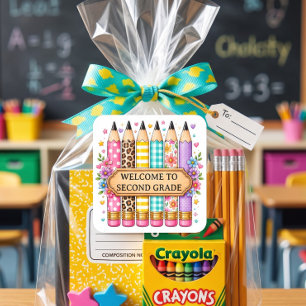 Welcome to Second Grade Cartoon Pencil Square Sticker