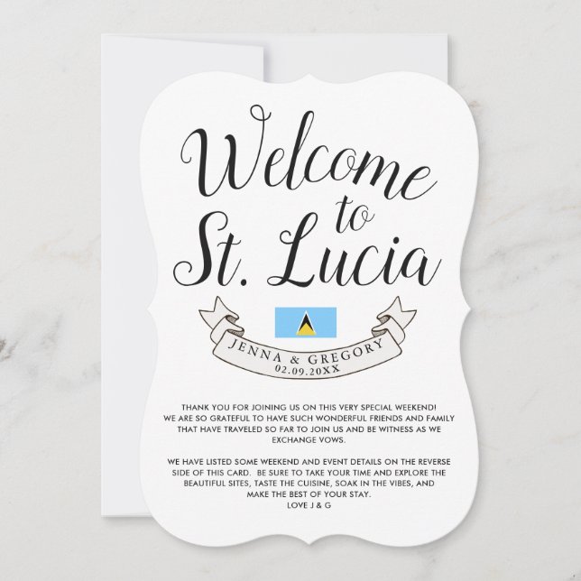 Welcome to St. Lucia | Destination Wedding Favour Invitation (Front)