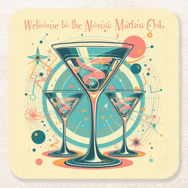 Welcome To The Atomic Martini Club Triple Play Square Paper Coaster (Front)