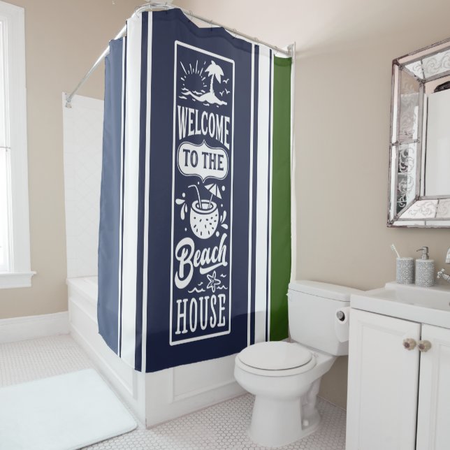 Welcome to the Beach coastal navy white moss green Shower Curtain (In Situ)