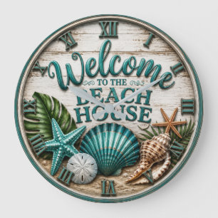 Welcome to the Beach House Rustic Sea shell Beach Large Clock
