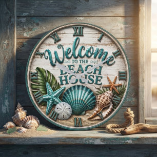 Welcome to the Beach House Rustic Sea shell Beach Large Clock