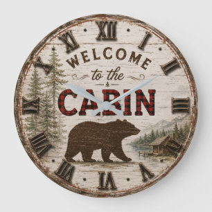Welcome to the Cabin Rustic Bear Buffalo Plaid Large Clock