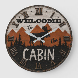 Welcome to the Cabin Rustic Moose Mountain Lodge Large Clock