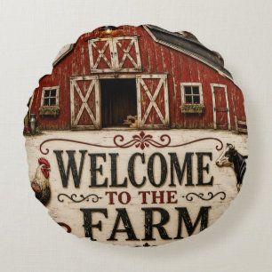 Welcome to the Farm Rustic Red Barn Farmhouse Round Cushion