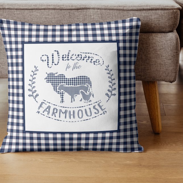 Welcome To The Farmhouse Blue Gingham Cushion (Creator Uploaded)