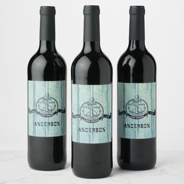 Welcome to the Lake House Blue Wood Wine Label (Bottles)