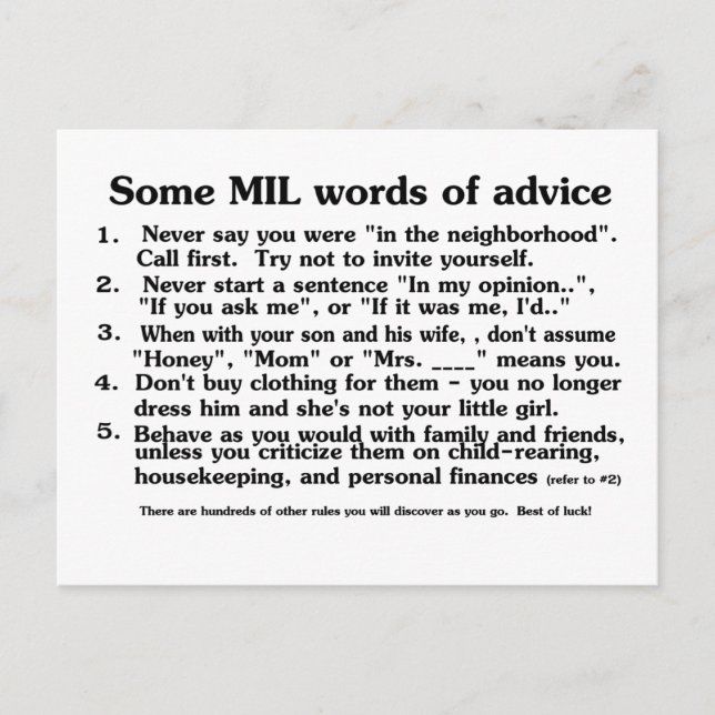 Welcome to the Mother in Law Club Advice Postcard (Front)