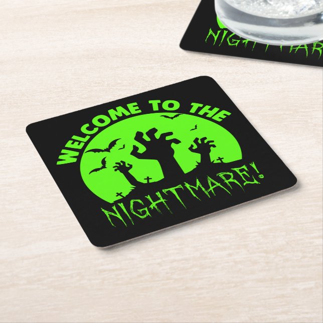 Welcome to the Nightmare Green Halloween  Square Paper Coaster (Angled)
