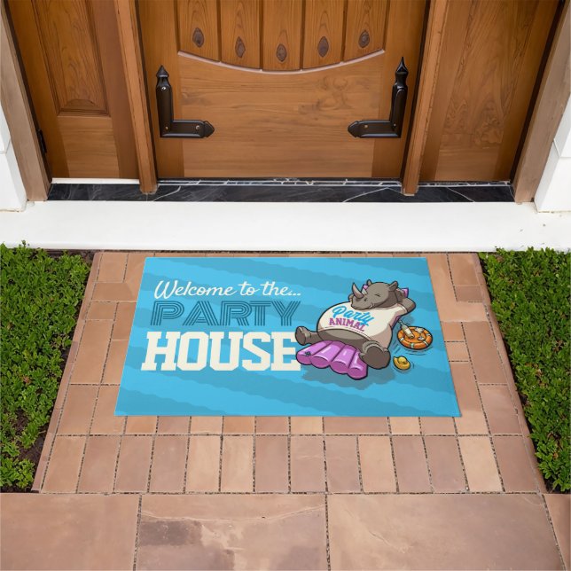 Welcome To The Party House Funny Rhino Cartoon Doormat (Outdoor)