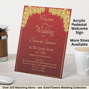 Welcome to the Wedding Gold Roses on Maroon Red  Pedestal Sign