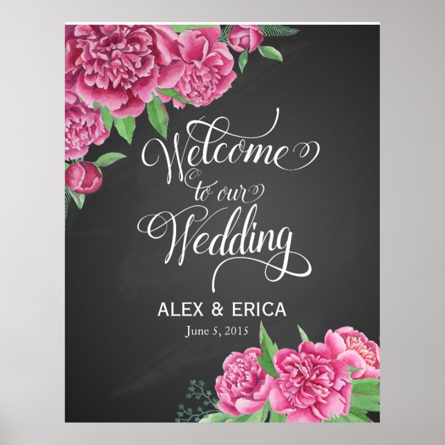welcome to the wedding peony rose sign chalkboard (Front)