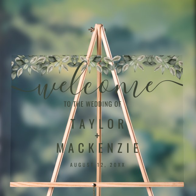 Welcome to the wedding personalised Modern Leaf Acrylic Sign (Neutral)