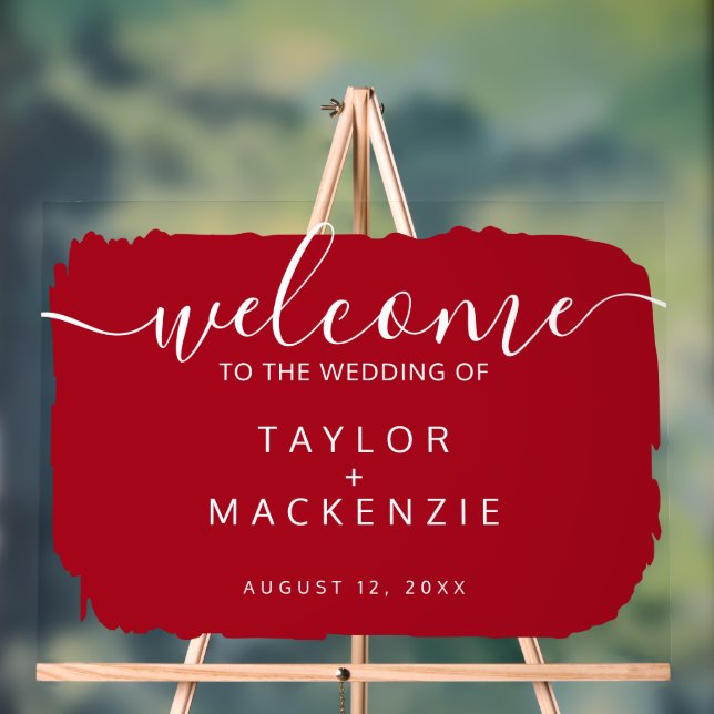 Welcome to the wedding personalised red acrylic sign (Neutral)