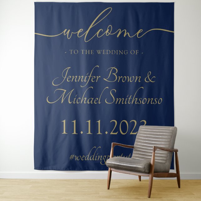 Welcome to the wedding simple minimalist Navy Gold Tapestry (In Situ)