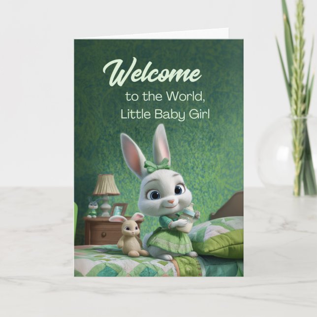 Welcome to the World Baby Girl Cute Bunny Nursery Card (Front)