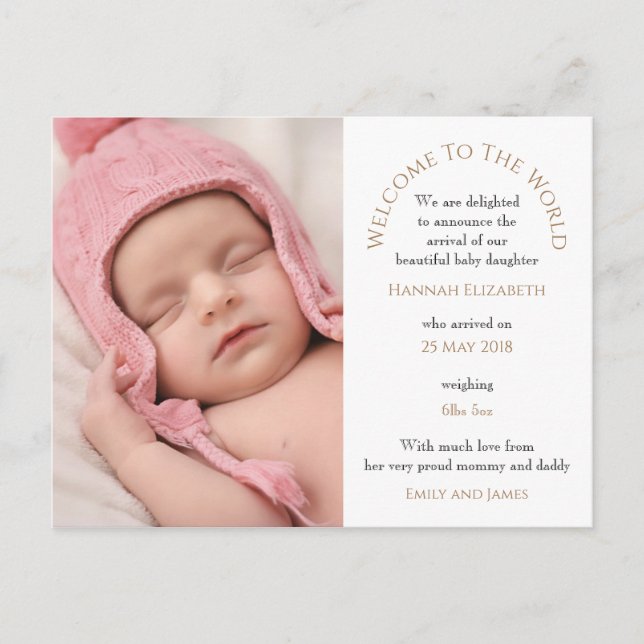 Welcome to the World Baby Girl Photo Typography Postcard (Front)
