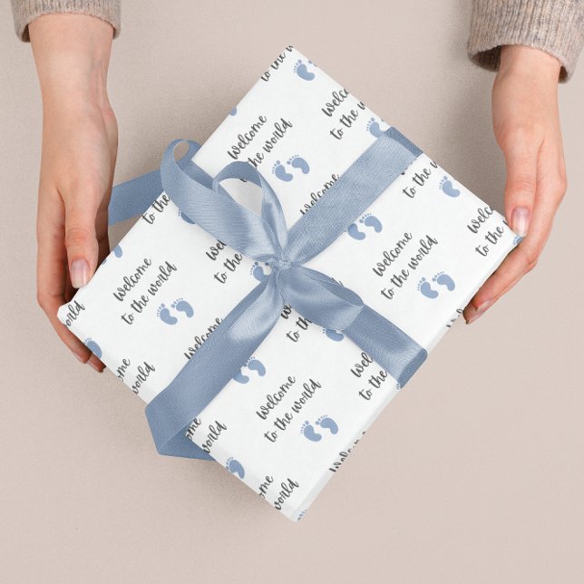 Welcome To The World Baby Wrapping Paper Sheets (Celebrate a new baby boy with these baby feet, "Welcome to the world" wrapping paper sheets! )