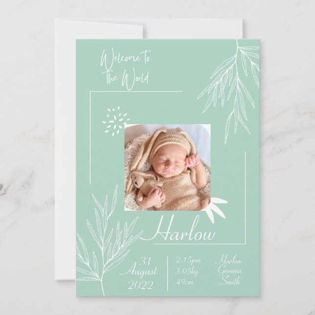 Welcome to the world Birth Announcement Card Teal (Front)