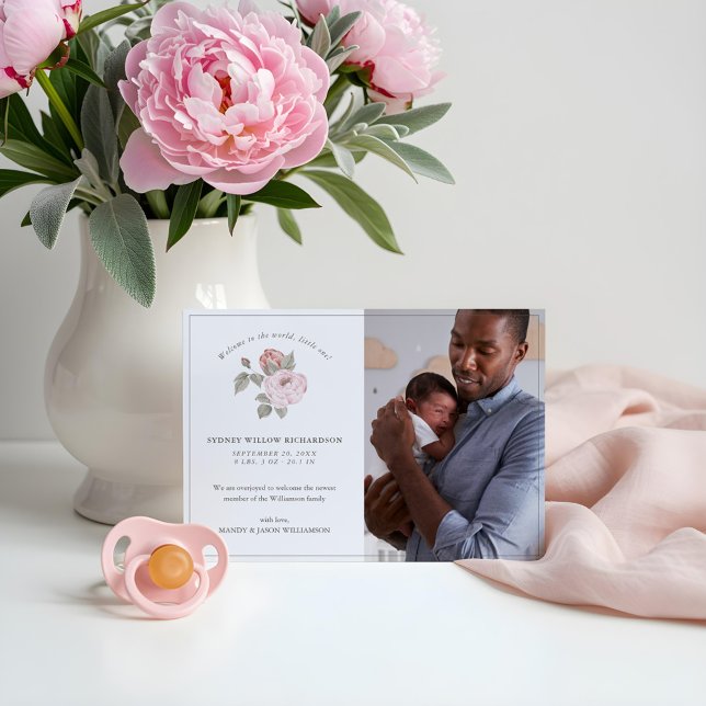 Welcome to the World Little One Peony Floral Photo Announcement (Welcome to the World Little One Peony Floral Photo Announcement)