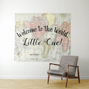 Welcome to the World Map Baby Shower Backdrop Tapestry