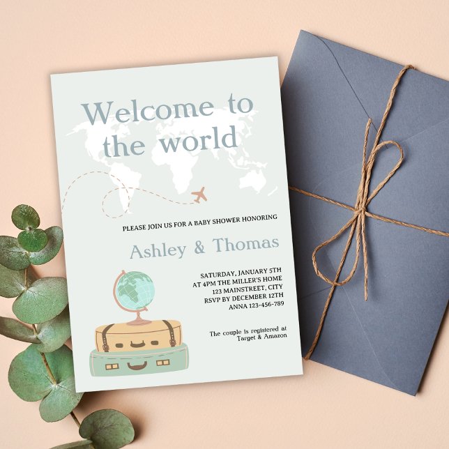 Welcome To The World Map Travel Baby Shower Invitation (welcome to the world travel baby shower invitation world map globe travel suit cases earthly tones)