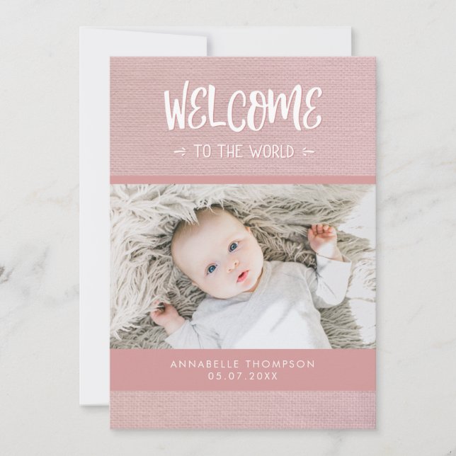 Welcome to the World Pink Burlap Baby Girl Birth Announcement (Front)
