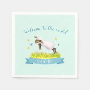 Welcome to the world spring lamb new baby aqua napkin