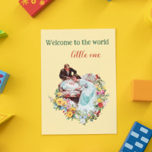Welcome to the world Yellow Floral Vintage Baby Postcard