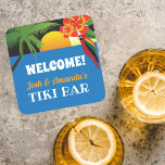 Welcome to Tiki Bar with name and tropical design Coaster<br><div class="desc">Welcome friends to your home Tiki Bar coaster with your custom name or names. Retro tropical design includes sunset,  palm tree,  hibiscus flower,  and parrot. Edit any text if you like.</div>