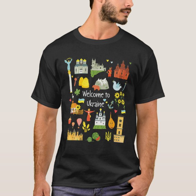 Welcome To Ukraine, Ukrainian Flag And Symbols T-Shirt (Front)