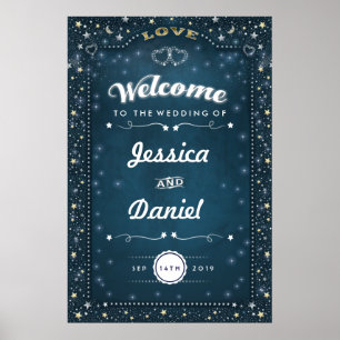 Welcome to Wedding 24x36 Teal Gold Hearts & Stars Poster