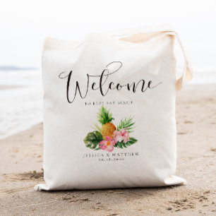 Welcome Tropical Palm Tree Pineapple and floral Tote Bag
