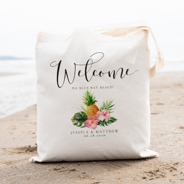 Welcome Tropical Palm Tree Pineapple and floral Tote Bag (Creator Uploaded)
