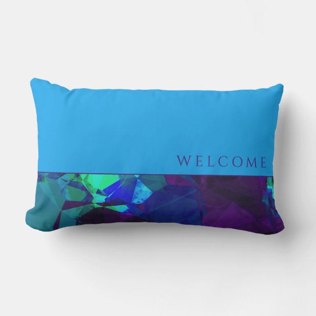 Welcome | Turquoise Blue & Purple Colour Block Lumbar Cushion (Front)