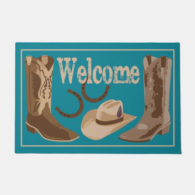Welcome Turquoise Teal Blue Boots Hats Horseshoes Doormat (Front)