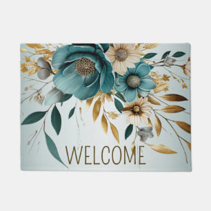 Welcome Turquoise White Flower Golden Leaves Doormat