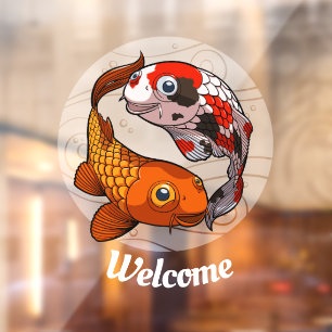 Welcome Two Friendly Koi Carp Fish Cartoon Window Cling