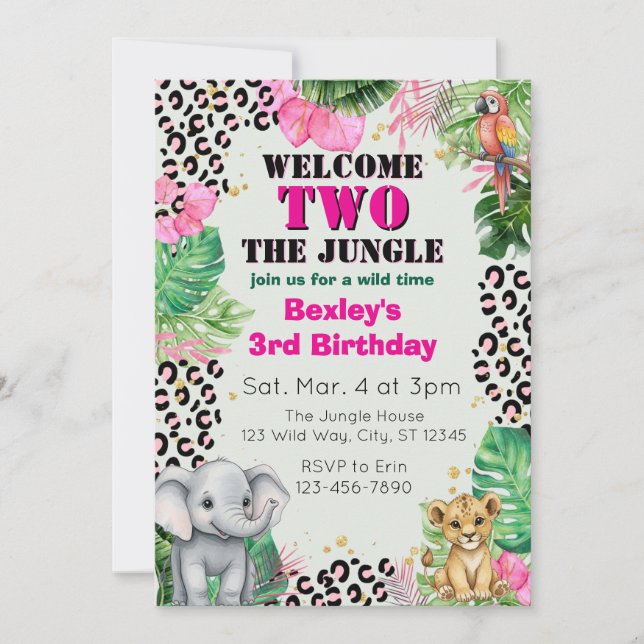 Welcome TWO Jungle Pink 2nd Birthday Invitation (Front)