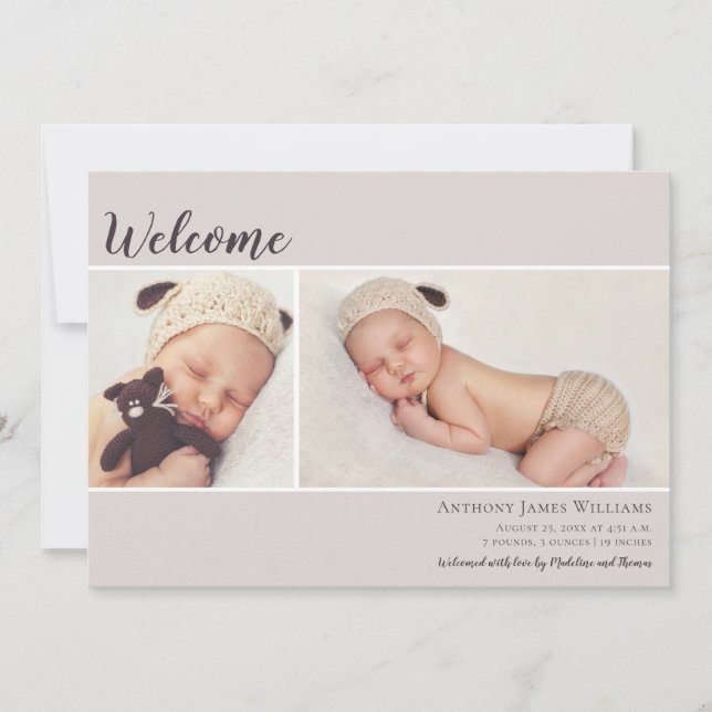 Welcome Two Photo Ecru Baby Announcement (Front)
