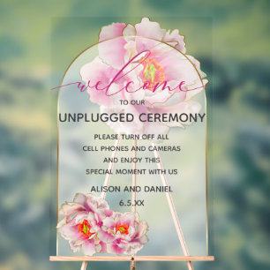 Welcome Unplugged Scarlet Peony Floral Acrylic Sign