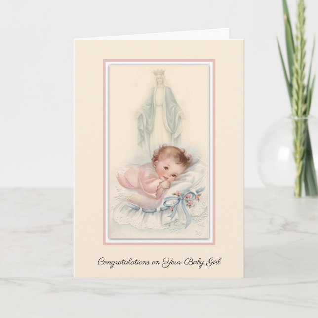 Welcome Vintage Baby Girl Virgin Mary Catholic Card (Front)