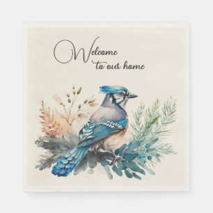 Welcome Watercolor Blue Jay Bird Napkin