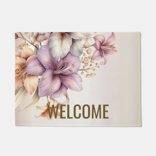 Welcome Watercolor Boho Pink Flowers Elegant Doormat