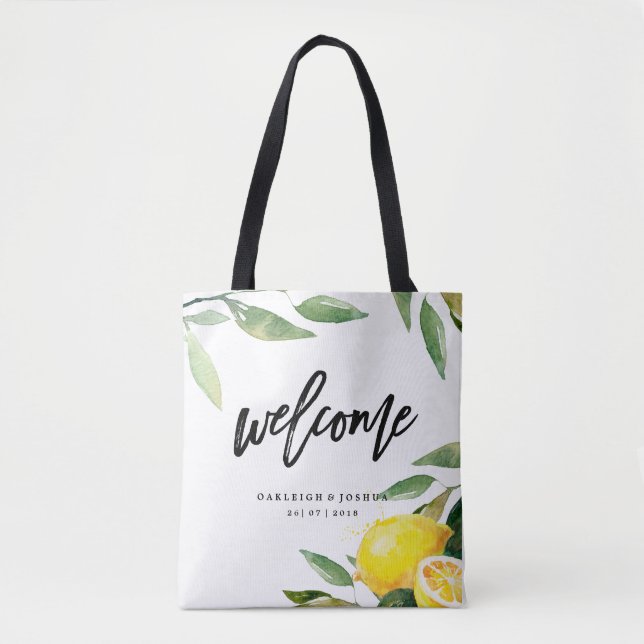 Welcome Watercolor Lemon Bohemian Wedding Tote Bag (Front)
